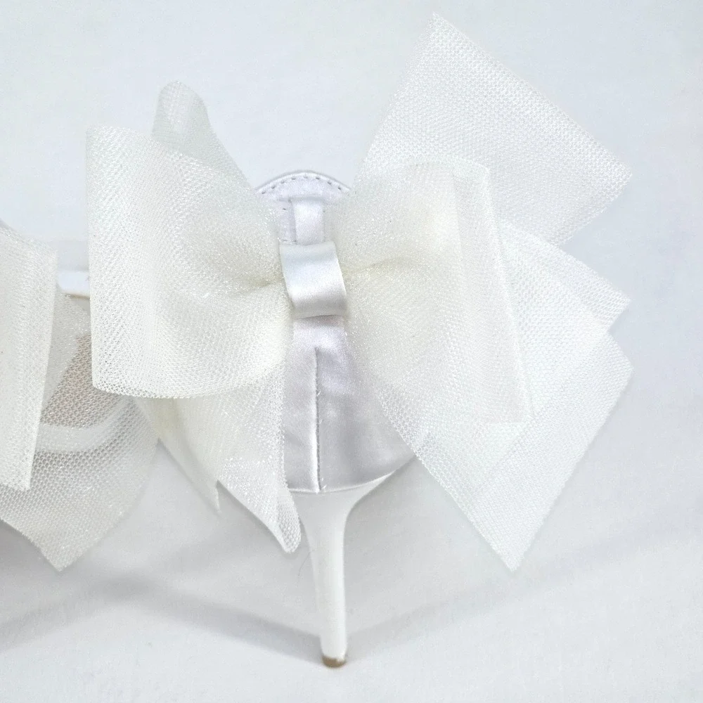 Lulu's Ayanna Satin Bow Ankle Strap Heels Womens 7.5 White Sandals Wedding Shoes